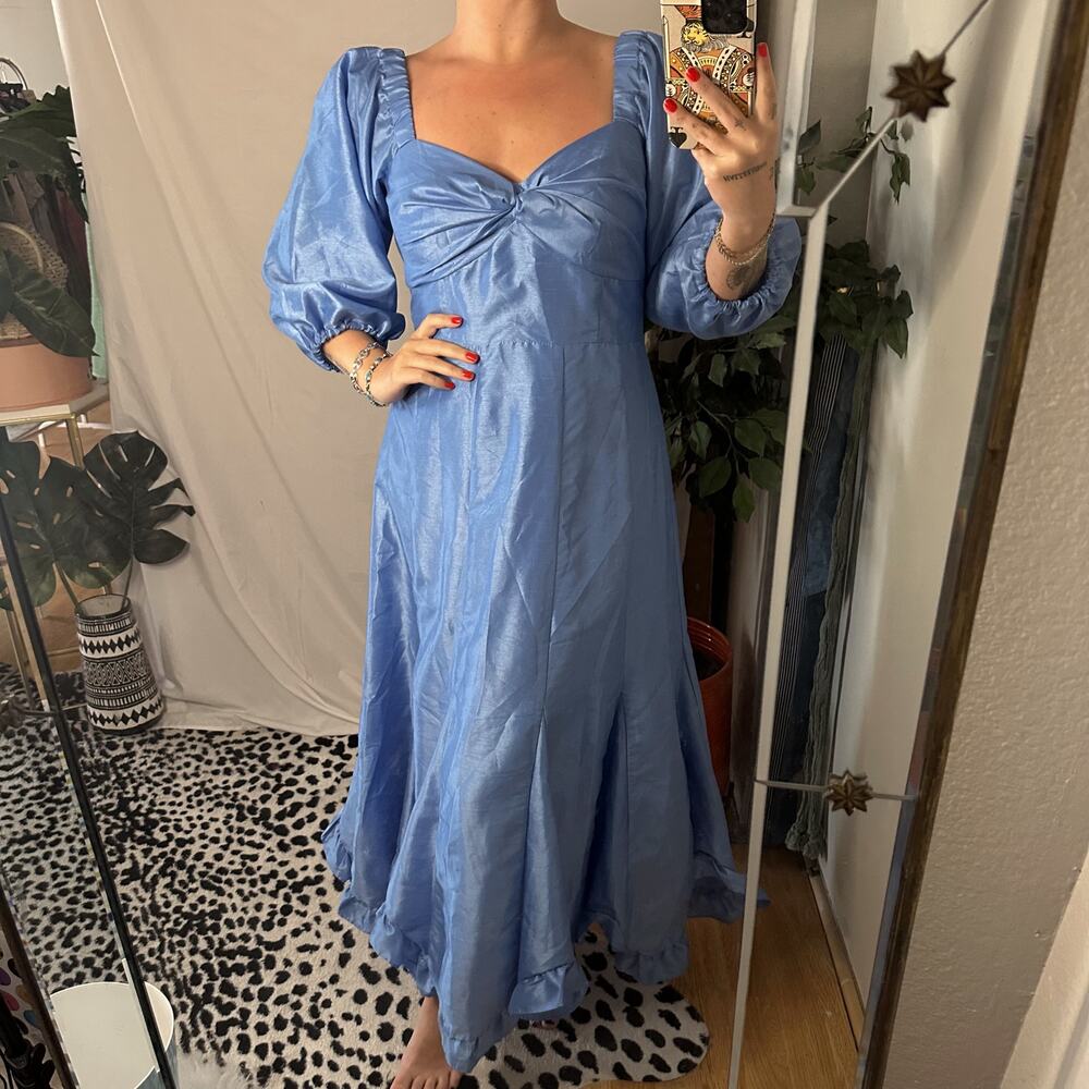 Hutch Printed Twist Front Puff Sleeve Ruffle Hem Midi Dress Blue Size Medium